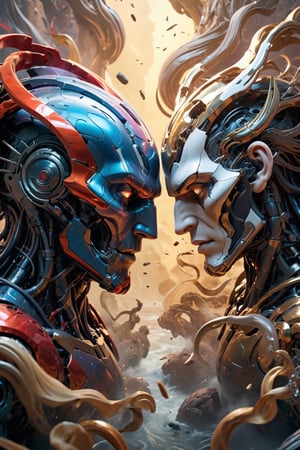 A sophisticated (((professional poster))) design for the epic confrontation between humans and advanced artificial intelligence. The intricate details and realistic colours of the illustrations capture the intensity of the struggle in a stunningly hyperrealistic style. The advanced technology and expert craftsmanship combine to create an unforgettable visual representation of the ultimate war between man and machine.