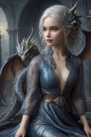 ""Dark romance fantasy, a draconic woman, Emilia Clarke as Daenerys Targaryen wearing a Blue loose dress is curled up in a ball hugging her own knees, elegant", nude, horns, scales, iridescent white scales, Masterpiece, Intricate, Insanely Detailed, Art by todd lockwood, chris rallis, anna dittmann, Kim Jung Gi, Gregory Crewdson, Yoji Shinkawa, Guy Denning, Textured!!!!, Chiaroscuro!!, actionpainting", best quality, masterpiece,PetDragon2024xl,OHWX WOMAN