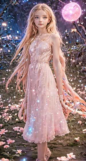 nsfw, 21 yo girl, A ((nude)) blonde beauty with pale blue violet eyes, dressed in open pink dress ((over naked body)) with puffy sleeves and white knee-high boots, sits in the forest next to an orange mushroom surrounded by fireflies under the starry sky, a bush with berries, a dreamy look, a magical atmosphere, soft light, depth sharpness,