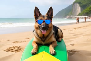 German shepherd dog surfing on the beaches of Brazil Rio de Janeiro, with sunglasses, the surfboard with the colors of the Brazilian flag, with spectators on the beach cheering.