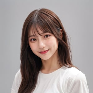 1girl, solo,smile, long hair, looking at viewer, centered shot, blank_background, shirt, brown eyes, white shirt, upper body