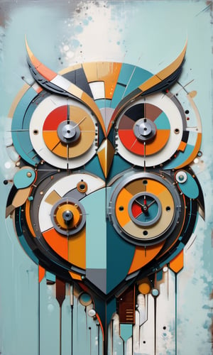 4k acrylic abstract electro owl mechanism art on canvas with brush textures depicting mid century shapes with textured layered details, trending on artstation