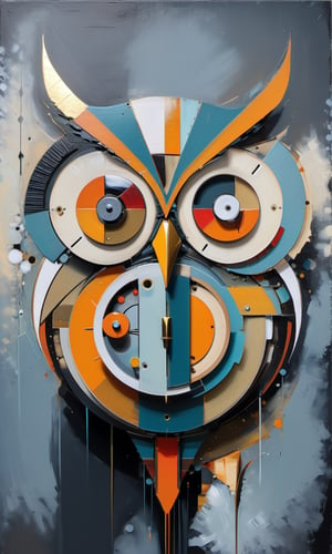 4k acrylic abstract electro owl mechanism art on canvas with brush textures depicting mid century shapes with textured layered details, trending on artstation,dark light background