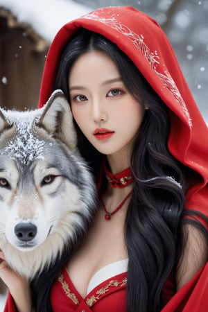 a 17-years-old ethereal and breathtakingly glamorous korean idol, cowboy shot, a glamorous beautiful face, black-grey balayage hair, choker, red cloak, red hood, red shawl, standing next to a fenrir, a giant wolf, winter, snow falling, porcelain skin tone, perfect busty model body with beautiful long legs, ultra realistic, raw photo, fiji velvia, award-winning photo, masterpiece, best quality, bokeh, high resolution, 8k uhd, high fidelity, depth of field, beauty & aesthetic, concept art