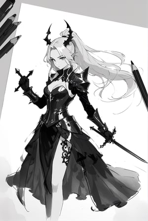 sktech draft art style, monochrome, greyscale, a beautiful 17-years-old girl, high ponytail, long hair, holding sword, an elegant demon princess, fantastic gothic armor, emanating irresistible attractiveness, masterpiece, best quality, official part, aesthetic, pencil sketch, art_booster, charcoal \(medium\)