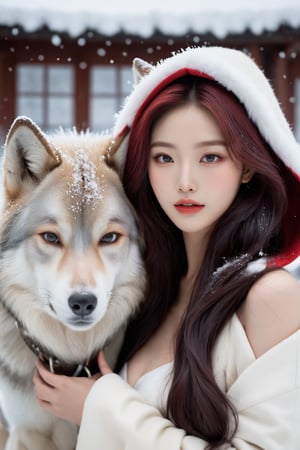 a 17-years-old ethereal and breathtakingly glamorous korean idol, a glamorous beautiful face, red hood, standing next to a fenrir, a giant wolf, winter, snow falling, porcelain skin tone, perfect busty model body with beautiful long legs, ultra realistic, raw photo, fiji velvia, award-winning photo, masterpiece, best quality, bokeh, high resolution, 8k uhd, high fidelity, depth of field, beauty & aesthetic,