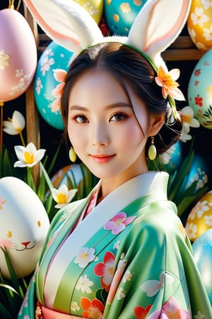 A Easter celebration photo of a 21-years-old astonishingly gorgeous japanese girl in a cute attire, envision a fusion of kimono aesthetic in a bunny suite, raw photo, award-winning photography, an ethereal breathtakingly beautiful face fusioned with scandinavian facial features, a youthful face, translucent skin texture, fujifilm velvia 100, detailed face, perfect face, symmetric face, almond-shaped eyes, bright eyes, smile calmly, photo_b00ster, concept art style, vogue cover quality, full of Easter details, Jubilee of spring atmosphere, surrounded by gigantic easter eggs, DonM3lv3sXL, cinematic lighting, east asian beauty photo aesthetic 
