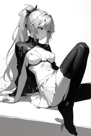 A beautiful 17-years-old girl, high ponytail, long hair, miniskirt, lace black stockings, perfect busty model body, snap shot, sitting on the floor, reclining on the wall, sexy pose, full body shot, masterpiece, best quality, official part, beauty & aesthetic, sktech draft art style, monochrome, greyscale, art_booster, charcoal \(medium\)