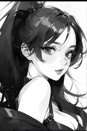 A beautiful 17-years-old girl, high ponytail, long hair, exaggerate eyeliner, expressive eyes, perfect busty model body, snap shot, close-up, masterpiece, best quality, official part, beauty & aesthetic, sktech draft art style, monochrome, greyscale, art_booster, charcoal \(medium\)