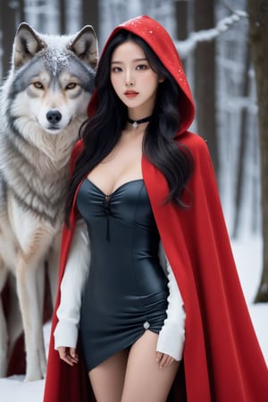 a 17-years-old ethereal and breathtakingly glamorous korean idol, full body shot, a mesmerizing beautiful face, black-grey balayage hair, choker, red cloak, red hood, red shawl, standing next to a fenrir, a giant wolf in the forest, winter, snow falling, forest in alaska, porcelain skin tone, perfect busty model body with beautiful long legs, emanating irresistible sexual attractiveness, ultra realistic, raw photo, fiji velvia, award-winning photo, masterpiece, best quality, bokeh, high resolution, 8k uhd, high fidelity, depth of field, beauty & aesthetic, concept art
