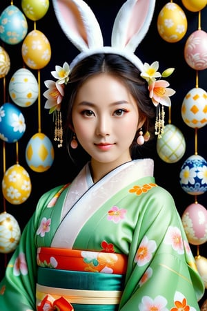 A Easter awareness photo of a 21-years-old japanese girl in a cute attire, envision a fusion of kimono aesthetic in a bunny suite, raw photo, award-winning photography, an ethereal breathtakingly beautiful face, a youthful face, fujifilm velvia 100, detailed face, perfect face, symmetric face, almond-shaped eyes, bright eyes, smile calmly, photo_b00ster, concept art style, vogue cover quality, full of Easter details, Jubilee of spring atmosphere, surrounded by gigantic easter eggs, DonM3lv3sXL, cinematic lighting
