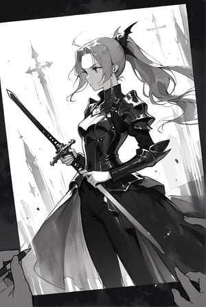 An elegant demon princess as a beautiful 17-years-old girl, high ponytail, long hair, holding sword, fantastic gothic armor, emanating irresistible attractiveness, combat stance, masterpiece, best quality, official part, beauty & aesthetic, sktech draft art style, monochrome, greyscale, pencil sketch, art_booster, charcoal \(medium\)