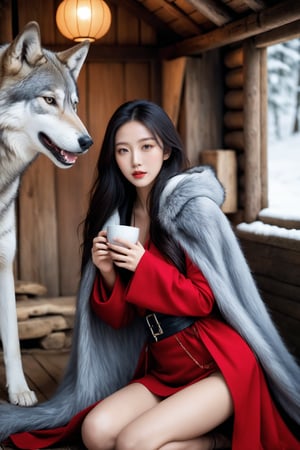 A scene of 1girl and a wolf sitting together in a cosy wooden hut. a 17-years-old ethereal and breathtakingly glamorous korean idol, drinking mulled wine, full body shot, a mesmerizing beautiful face, black-grey balayage hair, choker, red cloak, red hood, red shawl, a fenrir lying on the floor, winter, snow falling, forest in alaska, porcelain skin tone, perfect busty model body with beautiful long legs, emanating irresistible sexual attractiveness, ultra realistic, raw photo, fiji velvia, award-winning photo, masterpiece, best quality, bokeh, high resolution, 8k uhd, high fidelity, depth of field, beauty & aesthetic, concept art