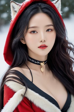 a 17-years-old ethereal and breathtakingly glamorous korean idol, cowboy shot, a mesmerizing beautiful face, black-grey balayage hair, choker, red cloak, red hood, red shawl, reclining on a fenrir, a giant wolf, winter, snow falling, porcelain skin tone, perfect busty model body with beautiful long legs, emanating irresistible sexual attractiveness, ultra realistic, raw photo, fiji velvia, award-winning photo, masterpiece, best quality, bokeh, high resolution, 8k uhd, high fidelity, depth of field, beauty & aesthetic, concept art