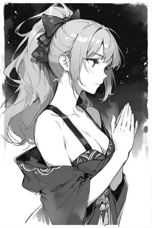 A beautiful 17-years-old girl, high ponytail, long hair, furisode, hatsumode, perfect busty model body, cowboy shot, praying, solemn atmosphere, masterpiece, best quality, official part, beauty & aesthetic, sktech draft art style, monochrome, greyscale, perfect hand, pencil sketch, art_booster, charcoal \(medium\)