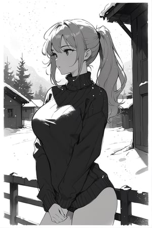 A beautiful 17-years-old girl, high ponytail, long hair, perfect busty model body, pullover sweater, beautiful snowing winter, in the remote village, cowboy shot, masterpiece, best quality, official part, beauty & aesthetic, sktech draft art style, monochrome, greyscale, pencil sketch, art_booster, charcoal \(medium\)