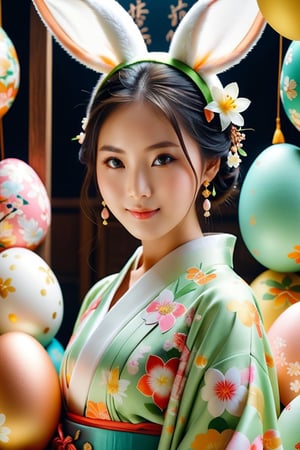 A Easter celebration photo of a 21-years-old astonishingly gorgeous japanese girl in a cute attire, envision a fusion of kimono aesthetic in a bunny suite, raw photo, award-winning photography, an ethereal breathtakingly beautiful face, a youthful face, fujifilm velvia 100, detailed face, perfect face, symmetric face, almond-shaped eyes, bright eyes, smile calmly, photo_b00ster, concept art style, vogue cover quality, full of Easter details, Jubilee of spring atmosphere, surrounded by gigantic easter eggs, DonM3lv3sXL, cinematic lighting, east asian beauty photo aesthetic 