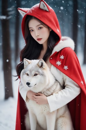 a 17-years-old ethereal and breathtakingly glamorous korean idol, a glamorous beautiful face, red hood, standing next to a wolf, winter, snow falling, porcelain skin tone, perfect busty model body with beautiful long legs, ultra realistic, raw photo, fiji velvia, award-winning photo, masterpiece, best quality, bokeh, high resolution, 8k uhd, high fidelity, depth of field, beauty & aesthetic,