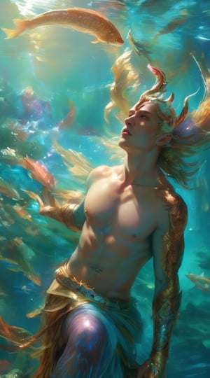 A captivating fantasy portrait of a stunning powerful semi god. Beneath the surface of a crystal-clear lake, Nereus, a regal merman warlord, commands his aquatic legions with grace and ferocity. The refracted, shimmering light of the sun dances across his iridescent scales, revealing the intricate patterns and subtle color variations that adorn his powerful form.