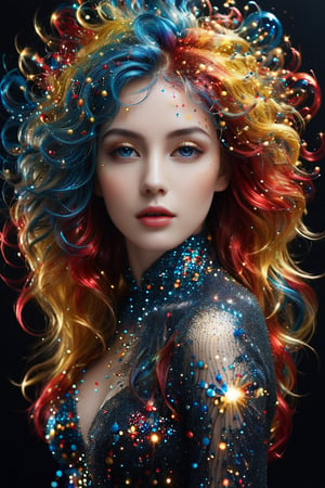 A young alluring woman. A captivating image of a woman's hair dissolving into thousands of tiny, translucent, and colorful spheres. Her once luscious locks transform into a mesmerizing display of yellow, blue, and red orbs. The background is a deep, dark black, providing a dramatic contrast to the vibrant and otherworldly transformation of the hair.,glitter