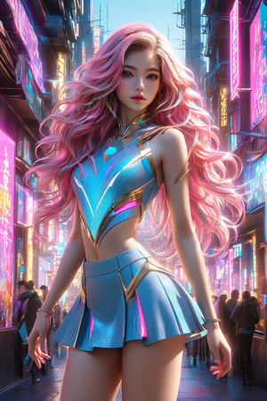 A stunning 3D render of a young woman dressed in a miniskirt with a V-shaped cutout at the top. Her outfit is a vibrant mix of blue and pink, with a touch of gold accents. She has long, flowing hair that complements her playful and confident pose. The background is a futuristic cityscape with neon lights, creating a dynamic and energetic atmosphere., 3d render, poster