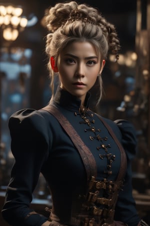 Features a live-action movie character in the style of "Jujutsu Kaisen", Full body, steampunk theme, Victorian era, centered, a young woman, ponytail hair, steampunk dress and accessories, dynamic free pose, vibrant color ,masterpiece artwork, 32k, dslr, uhd, professional photography, best quality, cinematic angle, realistic lighting