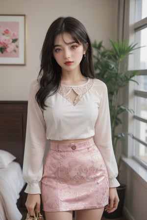 a beautiful young named Lucy. She has long, black hair, clear green eyes, and pink lips. Her outfit consists of a stunning white mini-skirt with intricate details, a matching top, and an elegant gold-rimmed rose-colored bag. The font "Rosa Gordita" adds a touch of sophistication to the design. The background is a modern living room, expertly rendered in 3D, creating a realistic and visually appealing portrait. This artwork combines elements of photography, fashion, and anime, resulting in a truly unique and captivating piece., anime, photo, portrait photography, poster, fashion