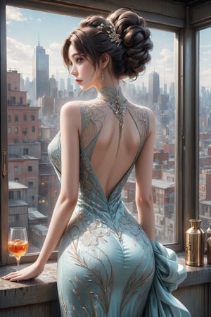 A captivating conceptual art piece featuring a woman in an anime-inspired, fashion illustration. Seen from behind, she is elegantly dressed in a form-fitting gown, her hair styled in an intricate updo. The woman holds a glass, possibly filled with a beverage, and gazes out the window. The abstracted cityscape in the background is a blend of various artistic styles, including graffiti and painting, creating a dynamic urban atmosphere. The image exudes a cinematic vibe, as if it could be a scene from a stylish, dramatic film., conceptual art, 