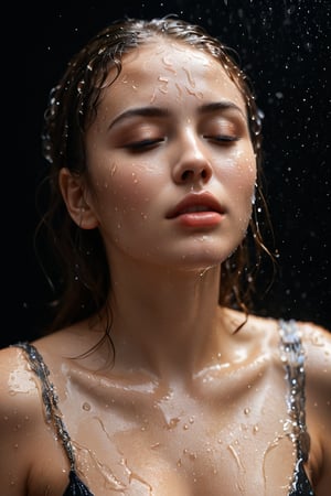 A young alluring woman. A captivating portrait of a woman with water droplets delicately cascading down her face and full body. soaking wet svelte body. She has gotten so thicc with curvy look. Her eyes remain closed, and her lips slightly parted, as if she is experiencing a profound moment of serenity. The droplets reflect light, casting a shimmering glow that accentuates her facial features and adds a mystical touch. The dark background intensifies the brilliance of the droplets and draws attention to the subject's mesmerizing beauty.,