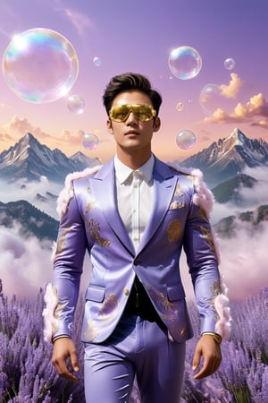 A handsome fit young man in a unique suit, made of fluff feathers, floats in a sky filled with lavender hues. He wears a golden mask that shines with sweet and soft light, reflecting the beauty of the sky. Giant bubbles, filled with dreams and magical landscapes, float around, showing images of crystal trees and mountains made of cotton candy. The atmosphere is ethereal and magical, full of awe and wonder, giving the feeling of being in a place outside of time and space.,Handsome boy,Muscle,powerdef