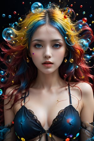 A young alluring woman. A captivating image of a woman's hair dissolving into thousands of tiny, translucent, and colorful spheres. Her once luscious locks transform into a mesmerizing display of yellow, blue, and red orbs. The background is a deep, dark black, providing a dramatic contrast to the vibrant and otherworldly transformation of the hair.