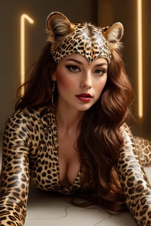 A mesmerizing full body portrait photo capturing the essence of an alluring brunette woman exuding serenity and mystery. A stunning piece of modern art featuring a captivating woman in a leopard-inspired outfit, she is crawling on the ground complete with a leopard tail and ears. Her red curly hair, sensual lips, and alluring gaze command attention. The background is a minimalist, abstract design, featuring a blend of free-flowing lines, splashes, and scratches in a soft gradient metallic liquid. The piece is illuminated by bright gold lighting, creating a cinematic and conceptual atmosphere that is both fashionable and conceptual. The artwork is rendered in a 3D style, further enhancing its visual impact.,The Pose