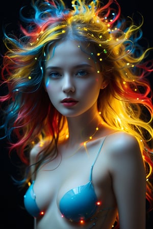 A young alluring woman. A captivating portrait of a woman's hair dissolving into thousands of tiny, translucent, and colorful spheres strapes covered her svelte body. Her once luscious locks transform into a mesmerizing display of yellow, blue, and red orbs. The background is a deep, dark black, providing a dramatic contrast to the vibrant and otherworldly transformation of the hair.,neon photography style,mad-cyberspace,glowing-neon-colour-clothing,glowing,neon style
