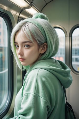 A young woman standing in a metro train, beside a window, leaning on the wall, holding a coffee mug, wearing pastel green hoodie, side view, short white hair, hair bangs, silky hair, curvy hair, bright eyes, looking outside through the window, minimal, lofi, 90's style, depth of field, day time, motion blur outside, shadows, cute face, woolen hat on the head,aesthetic portrait,xxmix_girl