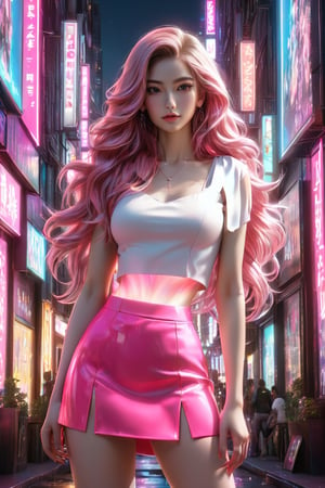 A stunning 3D render of a young woman dressed in a fashionable outfit. She wears a bright pink miniskirt with a V-shaped cut in the front, complemented by a white crop top. The woman has long, flowing hair, and her pose exudes confidence. The background of the poster is a vibrant cityscape at night, with neon lights reflecting off the buildings. The overall atmosphere is energetic and urban, perfect for a fashion-forward cityscape., 3d render, poster