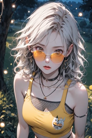 sw1mc0v3r, mini shirt, see-through, fishnets, from_above, crop top, detailed face, yellow bodycon tank top, hair, park, sky, trees, pale skin, moonlight, stars, 1girl, statement sunglasses, woman,petite, vivid colors, bokeh background, subject for emphasis,dramatic colors,