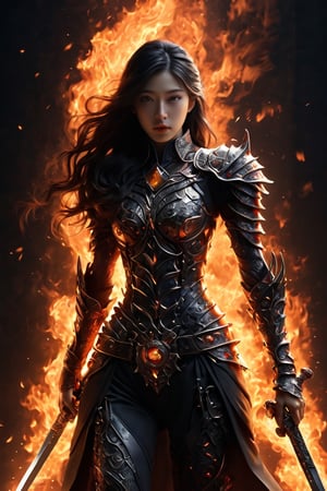 A sexy figure silhouette of a Japanese high school girl holding a flaming sword. She has beautiful big eyes and gorgeous goddess face. The sword burns with intense flames, and its underside appears to be made of molten lava. The man's suit flows downwards, transforming into armor adorned with dragon scales and fiery embers. Above the flaming sword, there's a swirling portal to another dimension, and the entire scene is set against a backdrop of swirling cosmic energy.