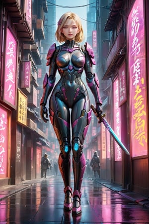 a captivating portrait of a stunning futuristic blonde pretty cyborg samurai woman, poised amidst the pulsating neon-lit streets of a bustling metropolis. The samurai's sleek armor, adorned with intricate glowing circuitry, reflects the vibrant colors of the neon signs that illuminate the urban landscape. Her katana gleams with a razor-sharp edge, shimmering with an aura of controlled aggression that hints at her formidable skill.
The background is dominated by towering skyscrapers, their reflective surfaces capturing the myriad hues of the neon lights and casting long shadows against the city streets below. The contrast between the ancient warrior ethos embodied by the samurai and the cutting-edge cybernetic enhancements she possesses creates a dynamic atmosphere of intrigue and anticipation. the colors are vivid and vibrant, enhancing the aesthetic beauty of the scene and drawing the viewer's eye to the striking contrast between tradition and modernity. The samurai's sword shines with a brilliance that reflects her strength and prowess, while the neon-lit cityscape pulsates with energy, immersing the viewer in a world where the past and the future collide in a mesmerizing symphony of light and shadow., conceptual art, vibrant, architecture, 3d render, cinematic,Slim body