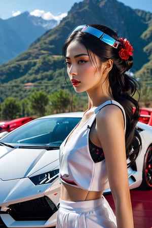 A young gorgeous super model standing in front of a Lamborghini white sports car. She is wearing a white sleeveless top and white shorts. Her hair is wavy and flows down her shoulders. The car is parked in an open area with a clear blue sky overhead. In the background, there are mountains and another red car. The overall ambiance of the picture is sunny and outdoorsy, photo,Cyberpunk geisha,Hijab