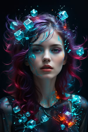A young alluring woman. A mesmerizing and abstract piece of art where a woman's hair disintegrates and disperses into translucent, luminescent cubes of violet, turquoise, and red. The background is a deep, velvety black, emphasizing the vibrant colors of the disintegrating hair. The piece exudes a surreal and ethereal atmosphere, as if the woman's essence is transforming into a dreamlike state.,neon style