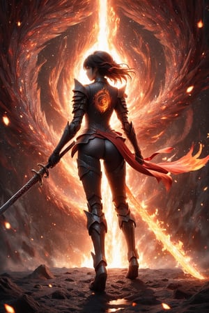 A sexy figure silhouette of a Japanese high school girl holding a flaming sword. The sword burns with intense flames, and its underside appears to be made of molten lava. The man's suit flows downwards, transforming into armor adorned with dragon scales and fiery embers. Above the flaming sword, there's a swirling portal to another dimension, and the entire scene is set against a backdrop of swirling cosmic energy.,score_9,glitter