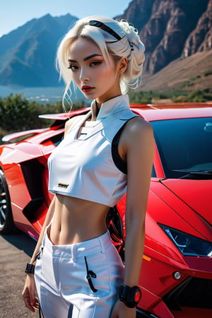 A young gorgeous super model standing in front of a Lamborghini white sports car. She is wearing a white sleeveless top and white shorts. Her hair is wavy and flows down her shoulders. The car is parked in an open area with a clear blue sky overhead. In the background, there are mountains and another red car. The overall ambiance of the picture is sunny and outdoorsy, photo,Cyberpunk geisha,Hijab,xxmix_girl