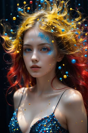 A young alluring woman. A captivating image of a woman's hair dissolving into thousands of tiny, translucent, and colorful spheres. Her once luscious locks transform into a mesmerizing display of yellow, blue, and red orbs. The background is a deep, dark black, providing a dramatic contrast to the vibrant and otherworldly transformation of the hair.,glitter,gl1tt3rsk1n