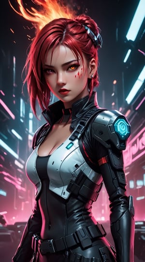 A captivating and vivid portrayal of a young alluring female cyber soldier in a cyberpunk-inspired world, where fashion meets futuristic aesthetics. The woman has bright, braided hair styled into pigtails, contrasting with her intricate white and red armor that showcases battle scars. Advanced bio-organics glow on her shoulder, highlighting the integration of technology into her being. Her face remains hidden beneath a sleek helmet, exuding a blend of mystique and intimidation. Wielding a plasma whip that emits intense flames, she embodies power, grace, and unwavering determination. Her bold lips, sharp facial expressions, and muscular arms reveal her depth, strength, and resilience. The muted background emphasizes her features and design, creating a mesmerizing cyberpunk masterpiece that showcases the perfect fusion of style, cinematic