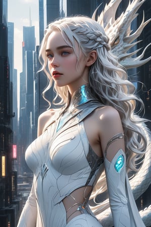An alluring, futuristic portrait of young pretty Daenerys Targaryen, reimagined as a cyberpunk queen. She is dressed in an ultra-sensual, skin-tight white dress with intricate detailing and flowing fabric. Daenerys' hair is styled in a sleek, modern way, with strands of it illuminated with neon lights. In the background, there's a futuristic cityscape with towering skyscrapers, and her dragon army is seen flying in formation, their scales glowing with an otherworldly radiance, photo
