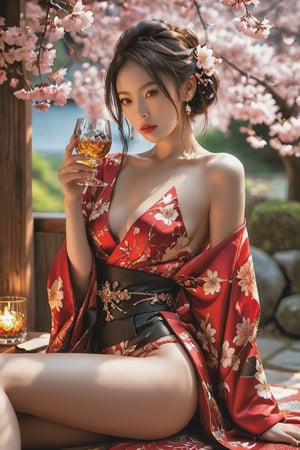 A captivating, sensual image of a stunning Japanese sexy woman holding a glass of whisky, while striking a provocative pose with her legs spread. She is dressed in an elegant kimono, adorned with intricate designs and vibrant colors. The background showcases a traditional Japanese setting with cherry blossoms in full bloom, and a sense of sophistication and allure permeates the entire scene.
