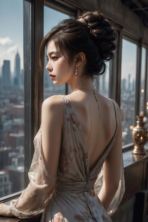 A captivating conceptual art piece featuring a woman in an anime-inspired, fashion illustration. Seen from behind, she is elegantly dressed in a form-fitting gown, her hair styled in an intricate updo. The woman holds a glass, possibly filled with a beverage, and gazes out the window. The abstracted cityscape in the background is a blend of various artistic styles, including graffiti and painting, creating a dynamic urban atmosphere. The image exudes a cinematic vibe, as if it could be a scene from a stylish, dramatic film., conceptual art, ,xxmix_girl