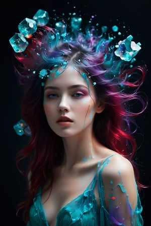 A young alluring woman. A mesmerizing and abstract piece of art where a woman's hair disintegrates and disperses into translucent, luminescent cubes of violet, turquoise, and red. The background is a deep, velvety black, emphasizing the vibrant colors of the disintegrating hair. The piece exudes a surreal and ethereal atmosphere, as if the woman's essence is transforming into a dreamlike state.