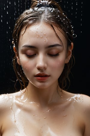 A young alluring woman. A captivating portrait of a woman with water droplets delicately cascading down her face and full body. soaking wet svelte body. She has gotten so thicc with curvy look. Her eyes remain closed, and her lips slightly parted, as if she is experiencing a profound moment of serenity. The droplets reflect light, casting a shimmering glow that accentuates her facial features and adds a mystical touch. The dark background intensifies the brilliance of the droplets and draws attention to the subject's mesmerizing beauty.,girl,xxmix_girl