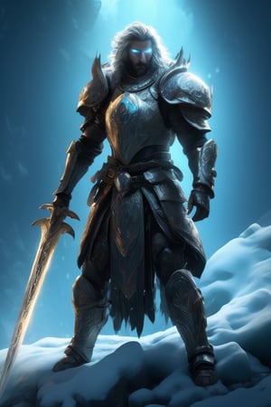 A handsome young Guardian of the Mysterious Arctic Ocean, suffused with a twilight glow, a stalwart figure clad in glimmering armor, crafted with meticulous detail. Bathed in divine light, a giant ancient sword solid in the ground.its blade pulsating with vibrant energy. Rendered in a stylized manner, this 4K high-resolution concept artwork captures the essence of a dark and mythical world, reminiscent of the illustrious artistry of Benedick Bana and the enchanting style,tag score